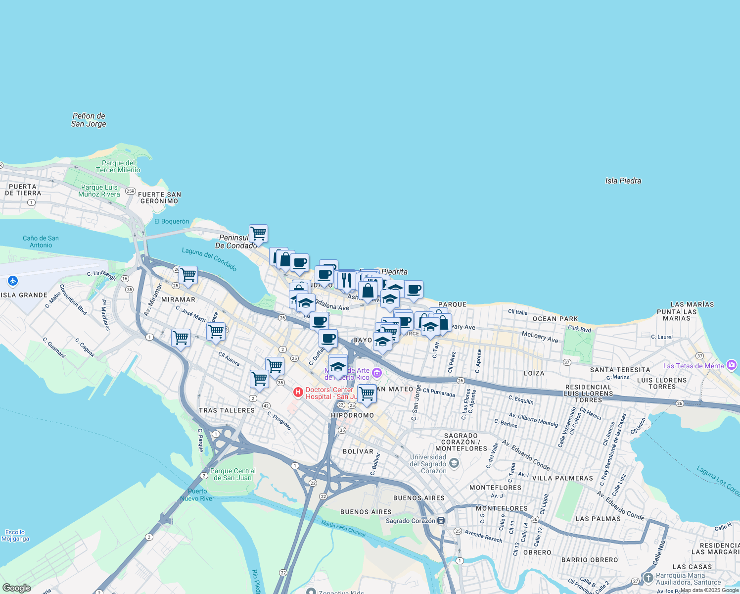 map of restaurants, bars, coffee shops, grocery stores, and more near 1351-1367 Avenida Magdalena in San Juan