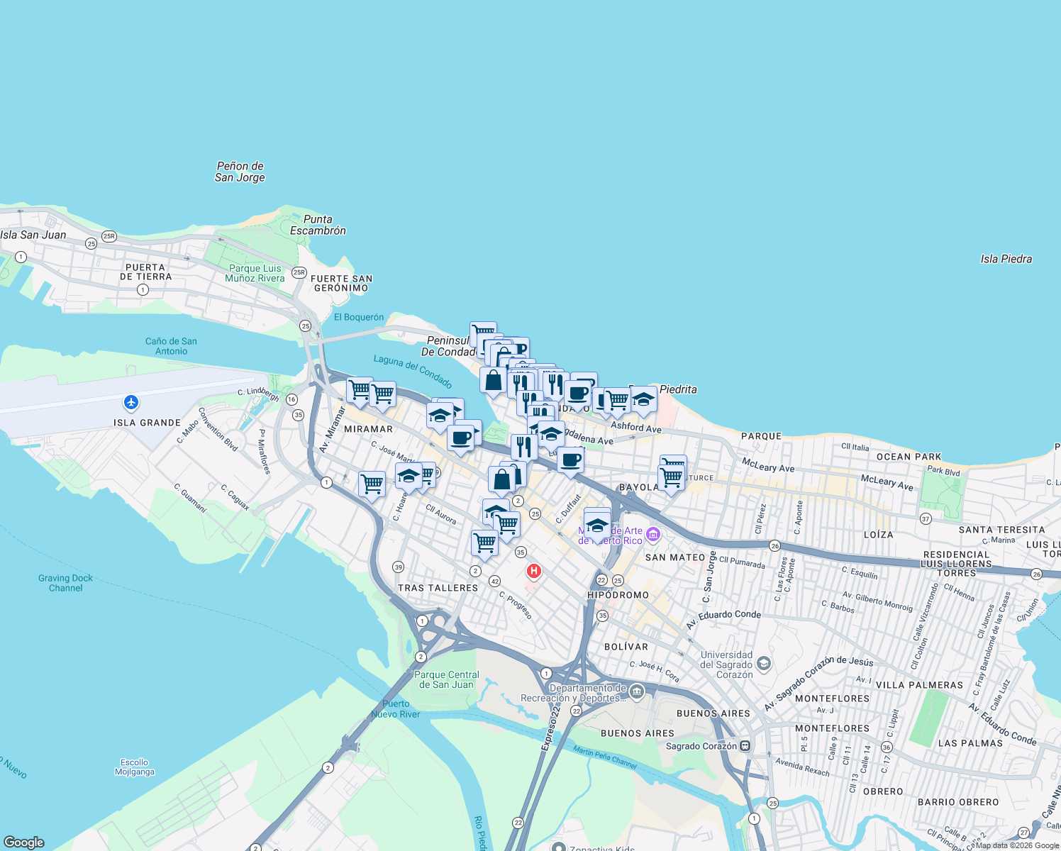 map of restaurants, bars, coffee shops, grocery stores, and more near 63 Calle Luisa in San Juan