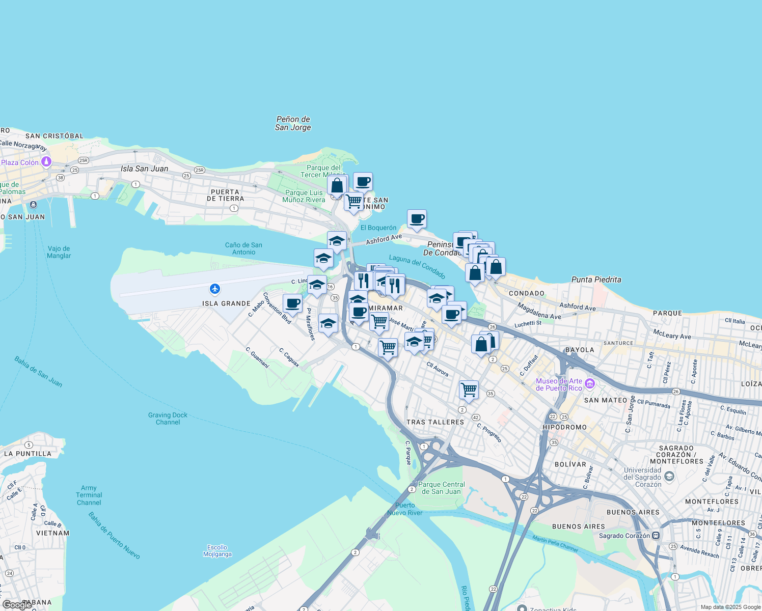 map of restaurants, bars, coffee shops, grocery stores, and more near in San Juan