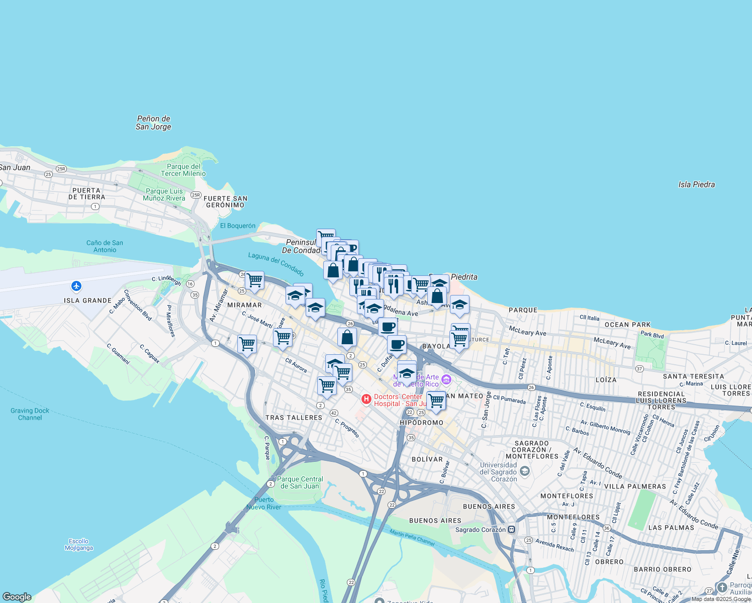 map of restaurants, bars, coffee shops, grocery stores, and more near 62 Calle Santiago Iglesias in San Juan