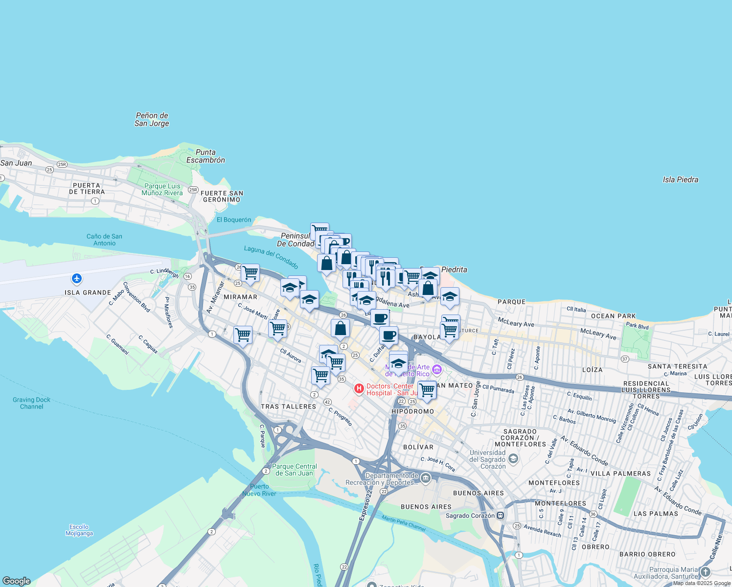map of restaurants, bars, coffee shops, grocery stores, and more near 62 Calle Santiago Iglesias in San Juan