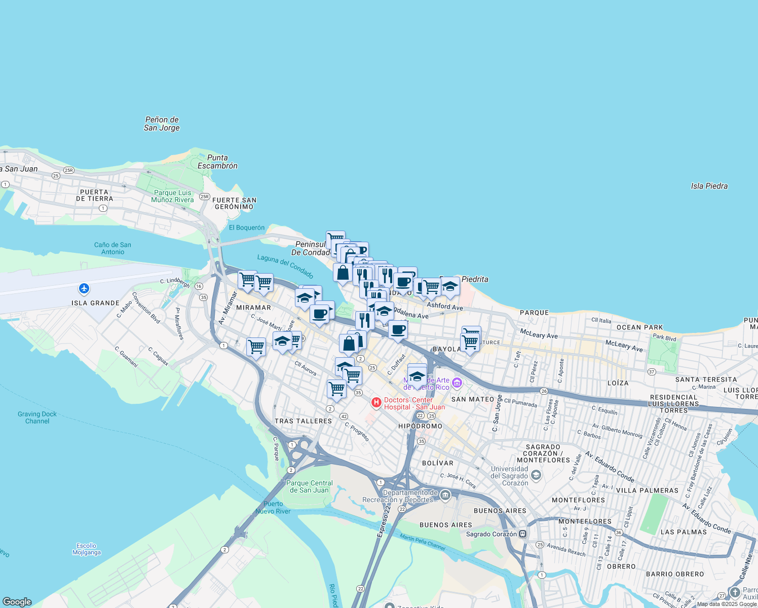 map of restaurants, bars, coffee shops, grocery stores, and more near 63 Calle Luisa in San Juan