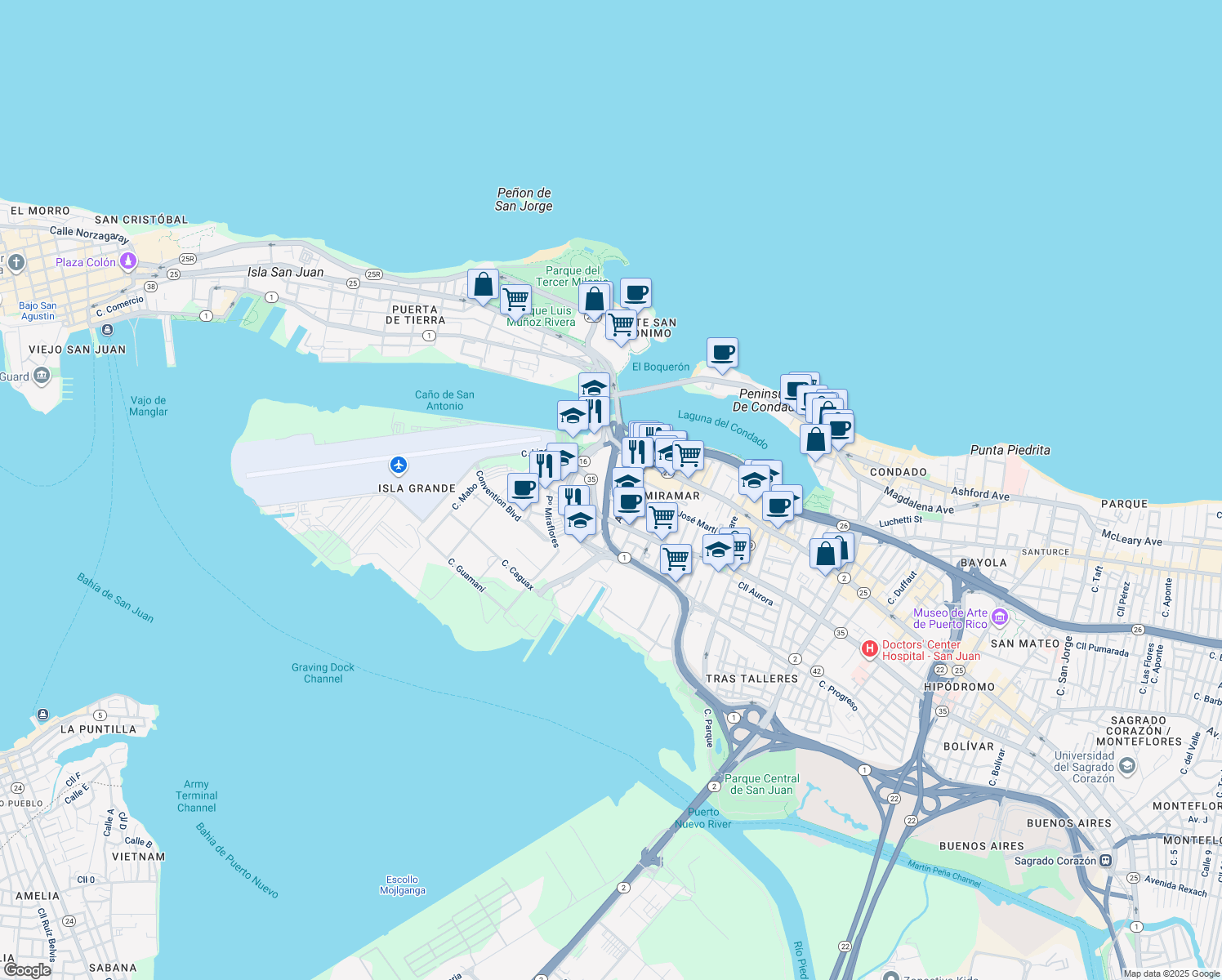 map of restaurants, bars, coffee shops, grocery stores, and more near 604 Calle Elliot Place in San Juan