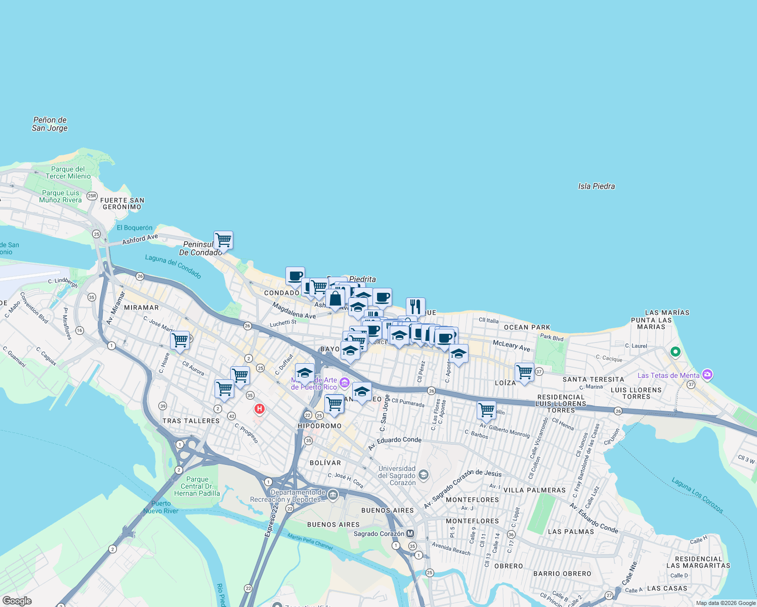 map of restaurants, bars, coffee shops, grocery stores, and more near in San Juan