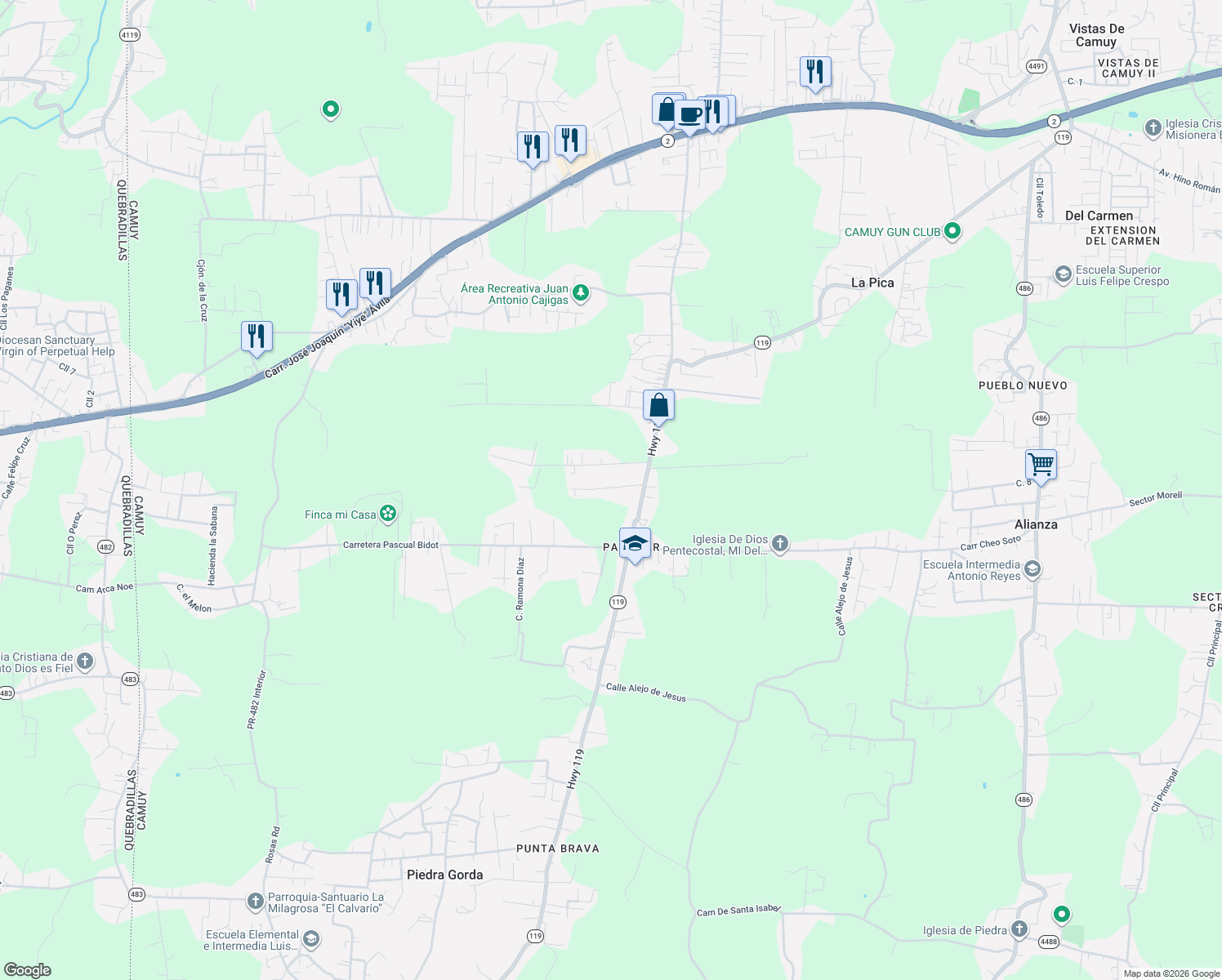 map of restaurants, bars, coffee shops, grocery stores, and more near Puerto Rico 119 in Camuy