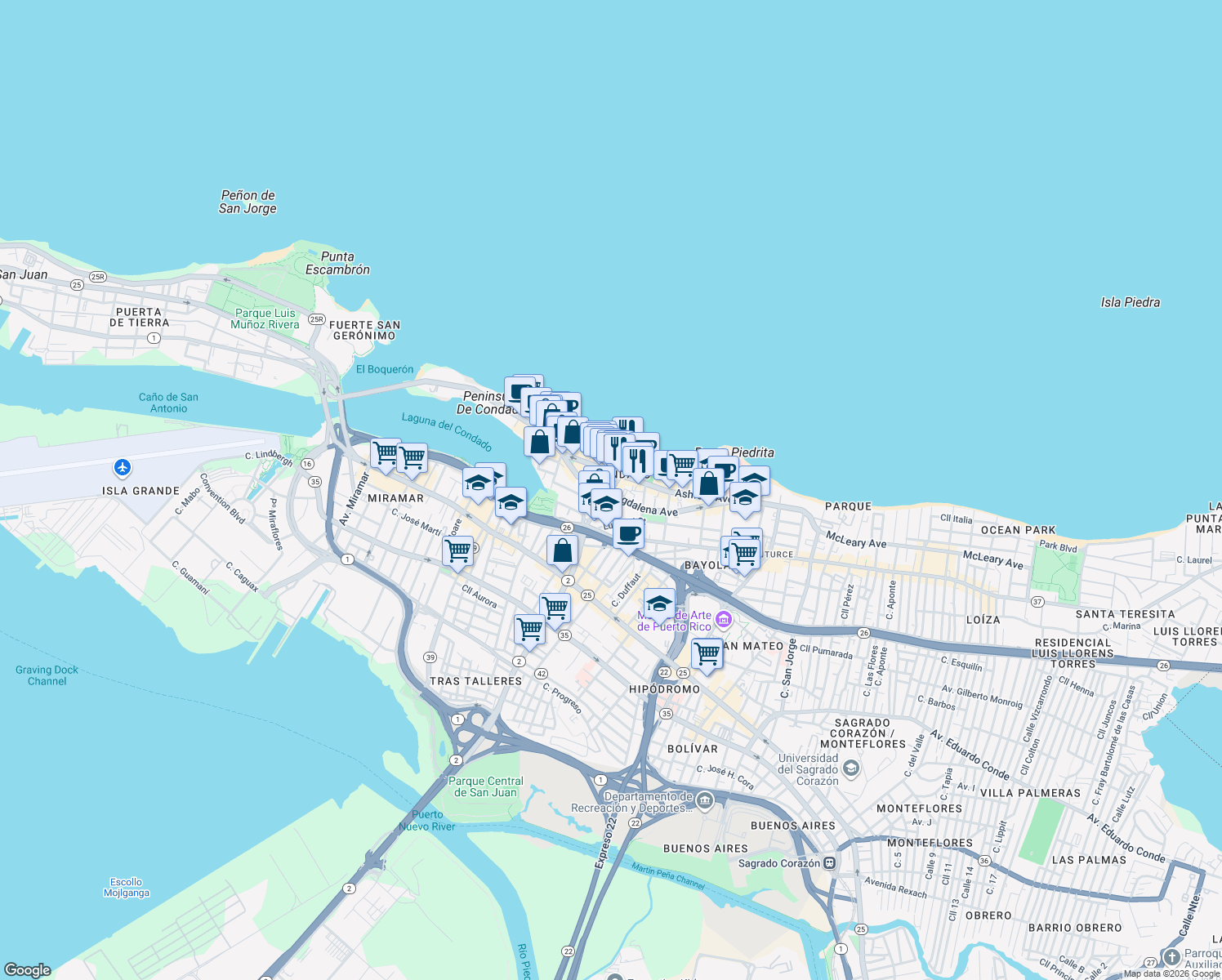 map of restaurants, bars, coffee shops, grocery stores, and more near in San Juan