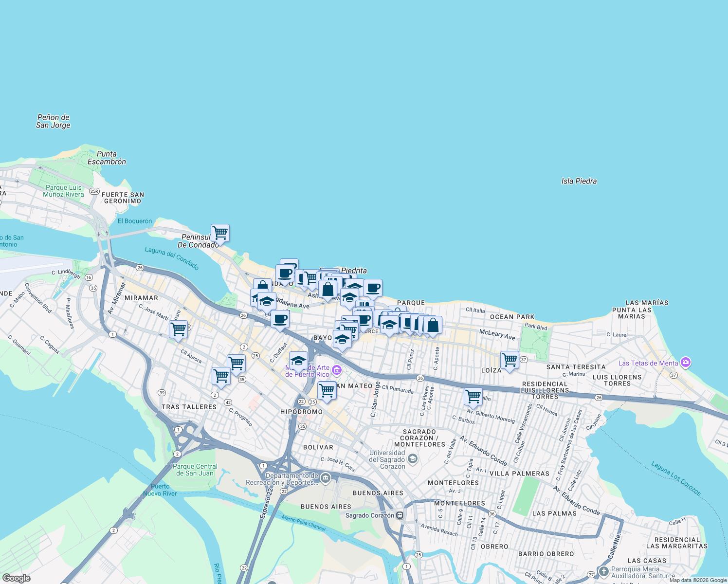 map of restaurants, bars, coffee shops, grocery stores, and more near Calle Nairn in San Juan