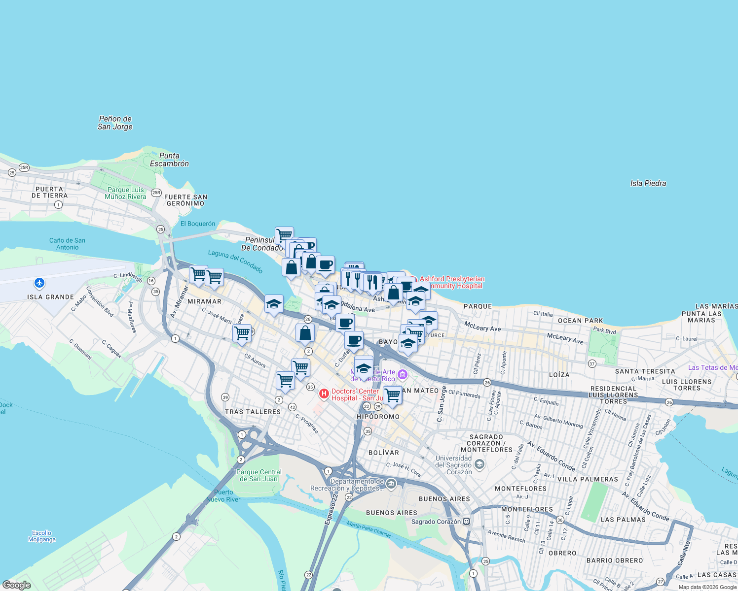 map of restaurants, bars, coffee shops, grocery stores, and more near 7 Calle Cervantes in San Juan