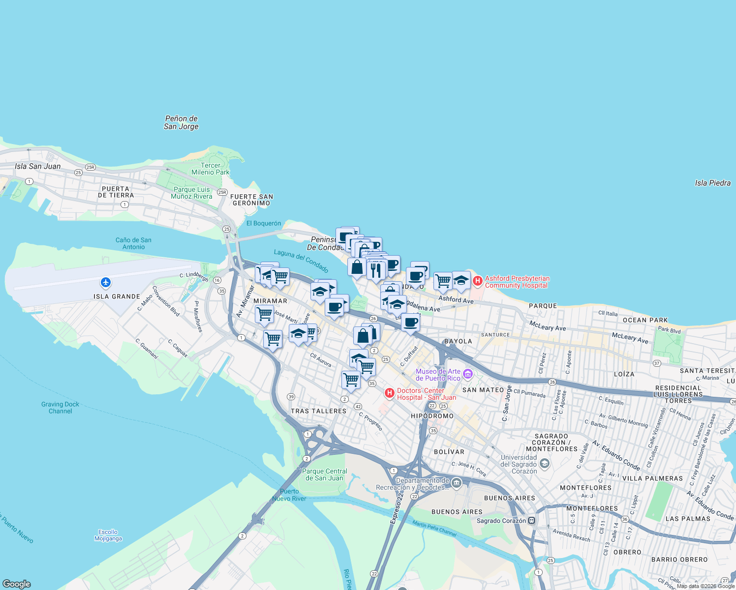 map of restaurants, bars, coffee shops, grocery stores, and more near 65 Calle Delcasse in San Juan