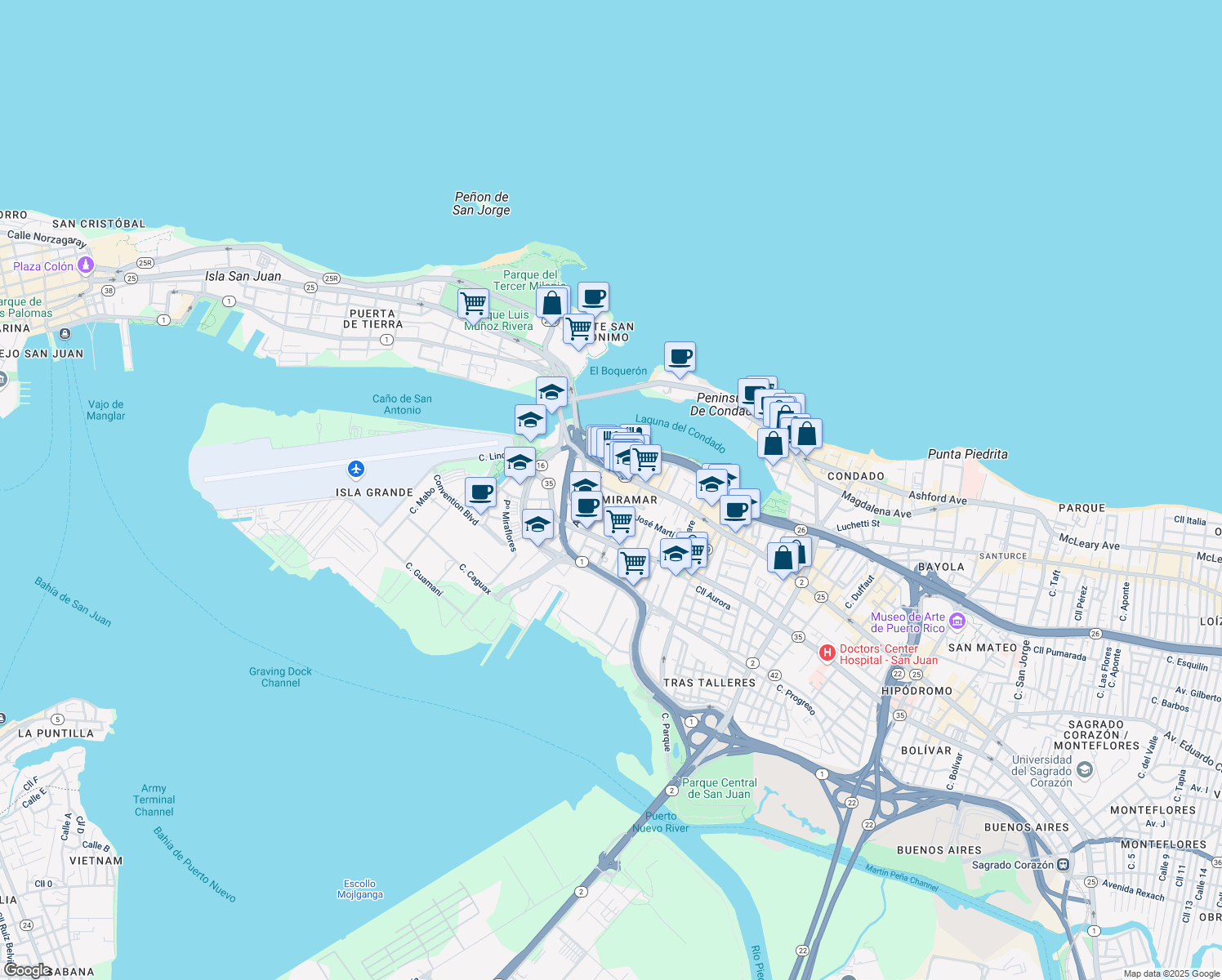 map of restaurants, bars, coffee shops, grocery stores, and more near in San Juan