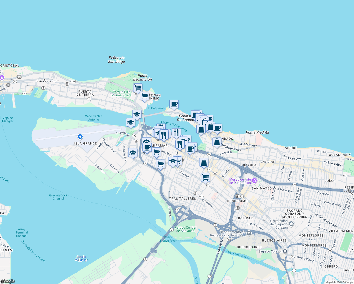 map of restaurants, bars, coffee shops, grocery stores, and more near 551 Calle Waymouth in San Juan