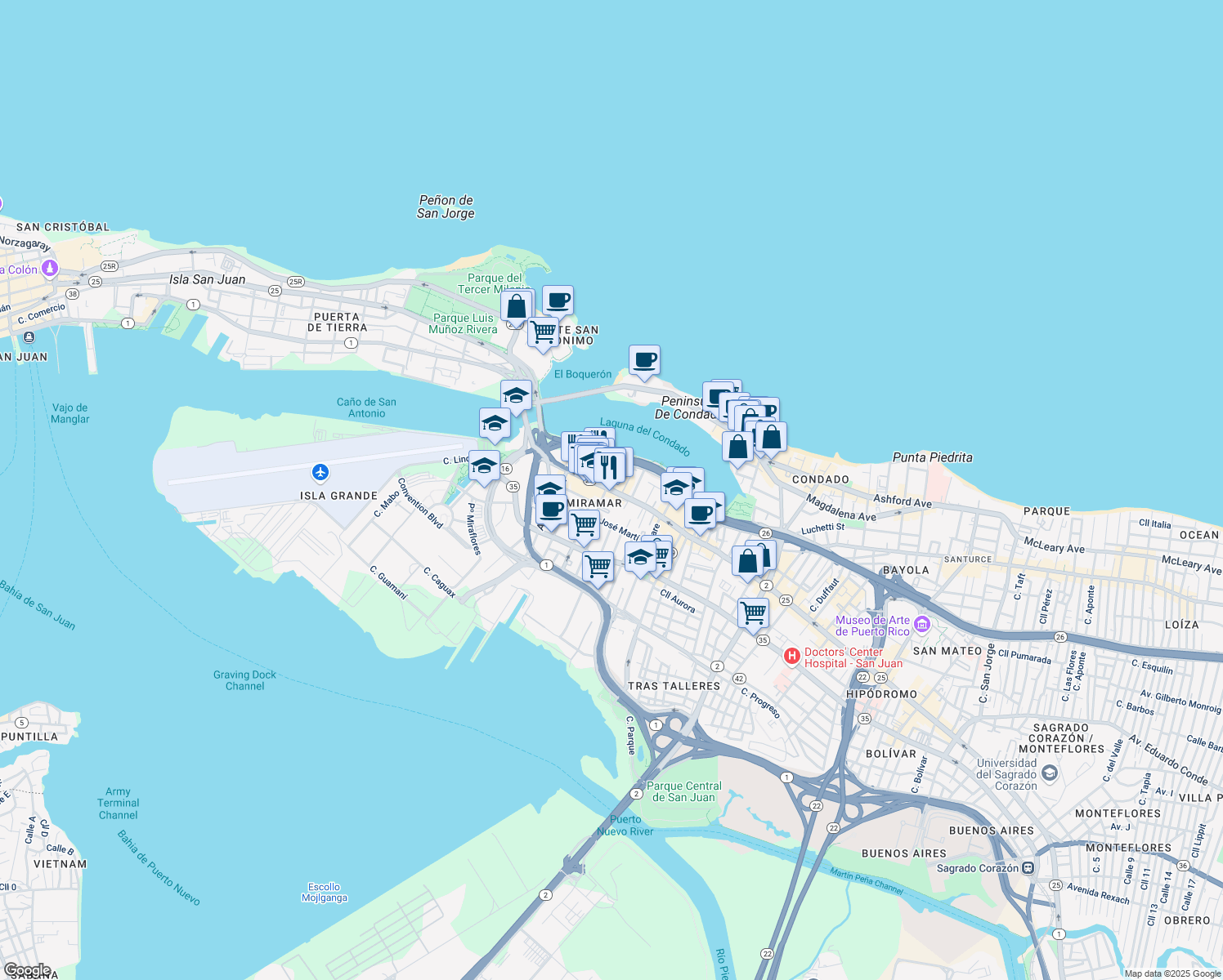 map of restaurants, bars, coffee shops, grocery stores, and more near 562 Calle Cuevillas in San Juan
