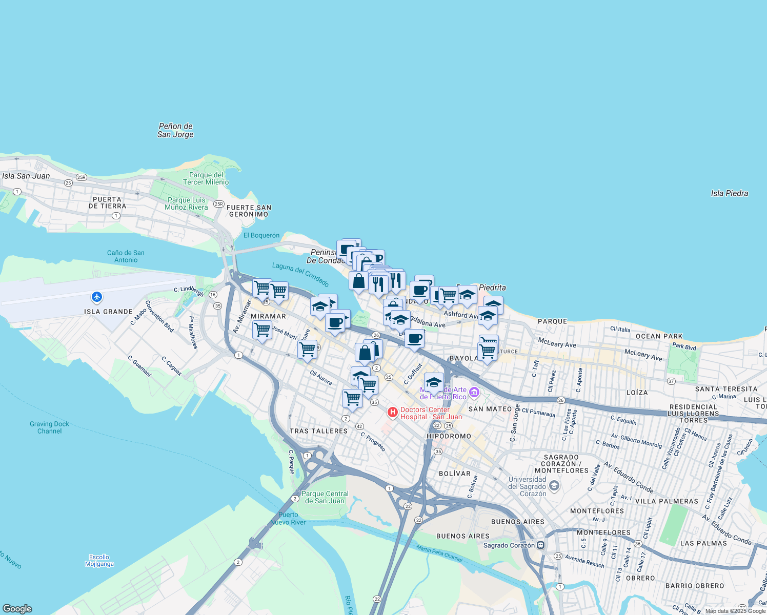 map of restaurants, bars, coffee shops, grocery stores, and more near 1149 Avenida Magdalena in San Juan