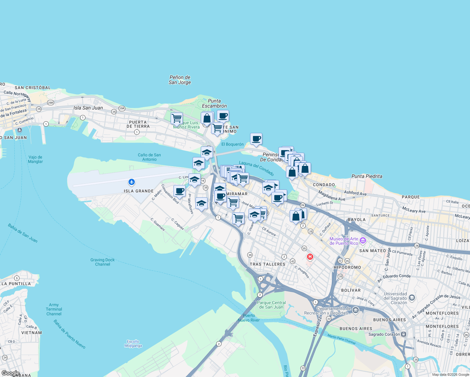 map of restaurants, bars, coffee shops, grocery stores, and more near in San Juan