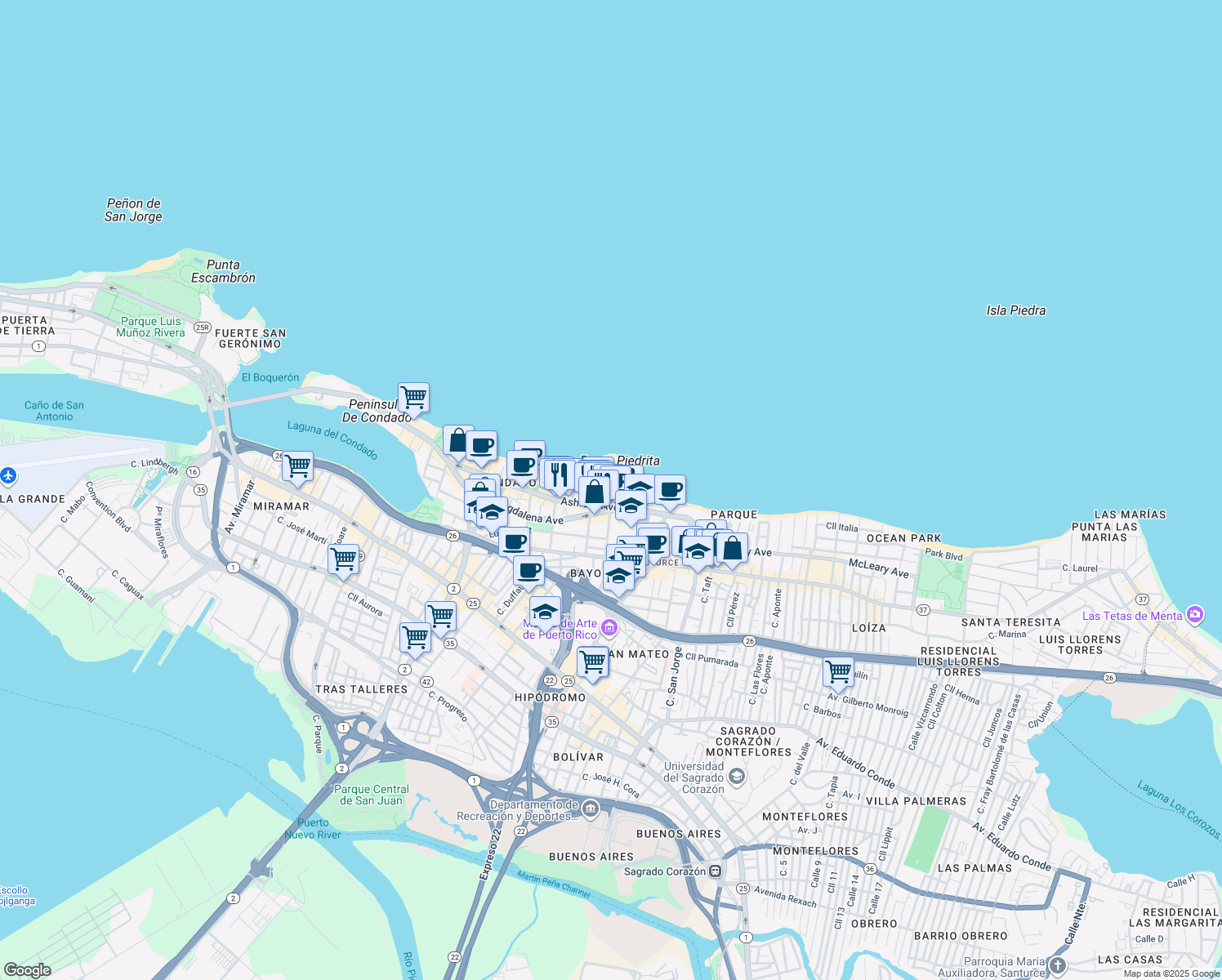map of restaurants, bars, coffee shops, grocery stores, and more near Calle Nairn in San Juan