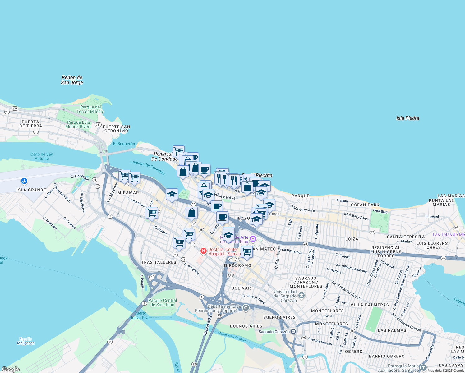 map of restaurants, bars, coffee shops, grocery stores, and more near 7 Calle Cervantes in San Juan