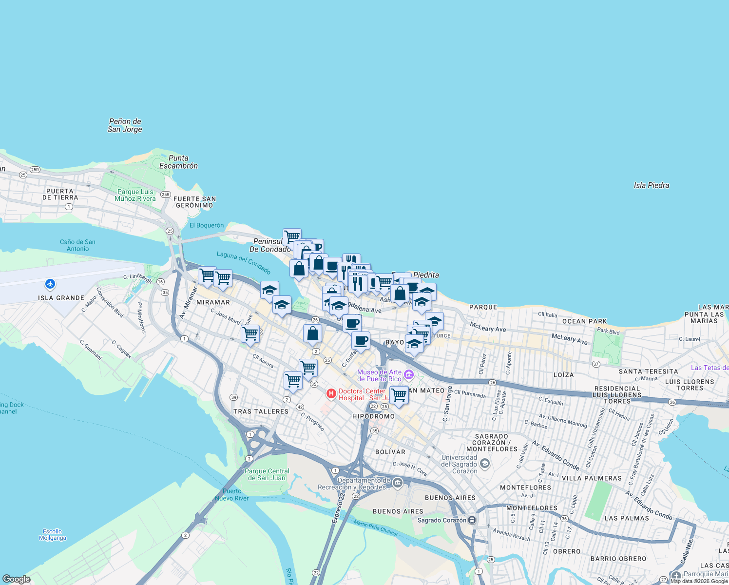 map of restaurants, bars, coffee shops, grocery stores, and more near 1309 Ashford Avenue in San Juan