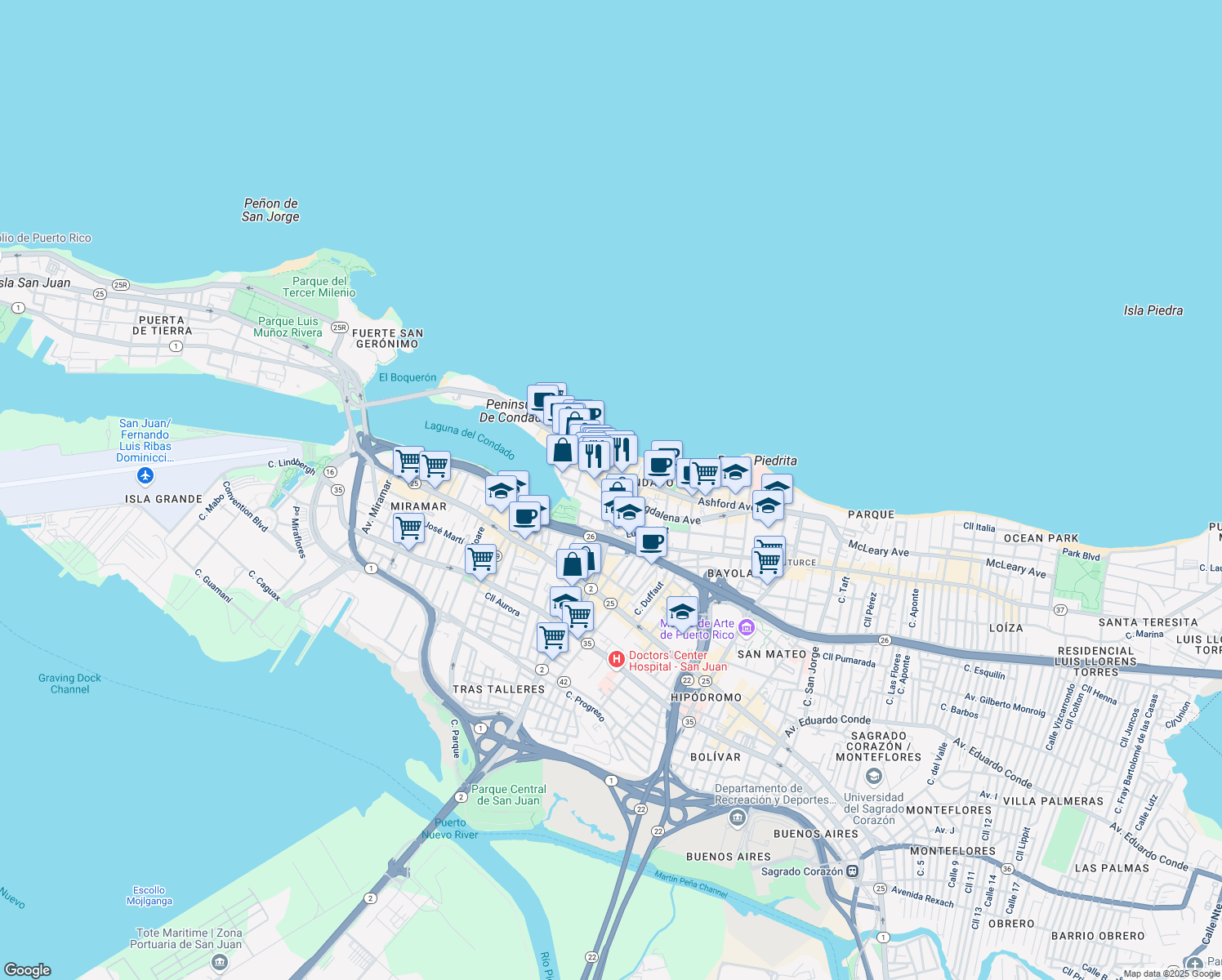map of restaurants, bars, coffee shops, grocery stores, and more near 1149 Avenida Magdalena in San Juan