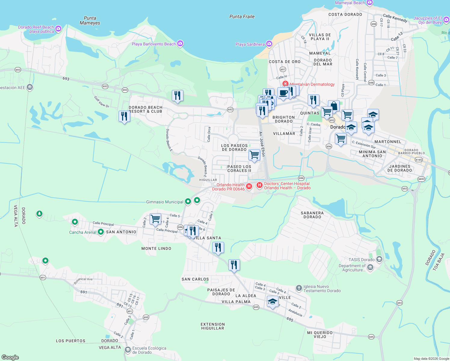 map of restaurants, bars, coffee shops, grocery stores, and more near Calle Mar de Bering in Dorado