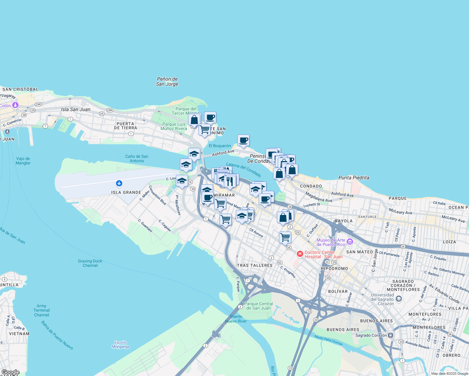 map of restaurants, bars, coffee shops, grocery stores, and more near 562 Calle Cuevillas in San Juan