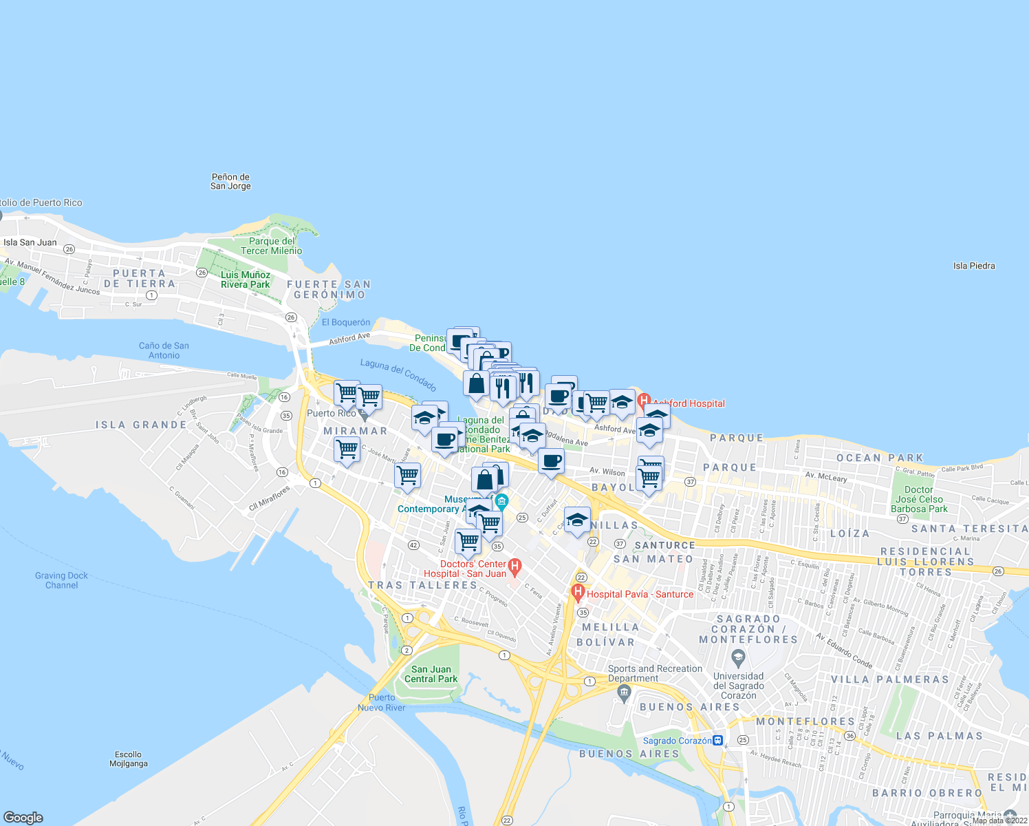 map of restaurants, bars, coffee shops, grocery stores, and more near 1149 Avenida Magdalena in San Juan