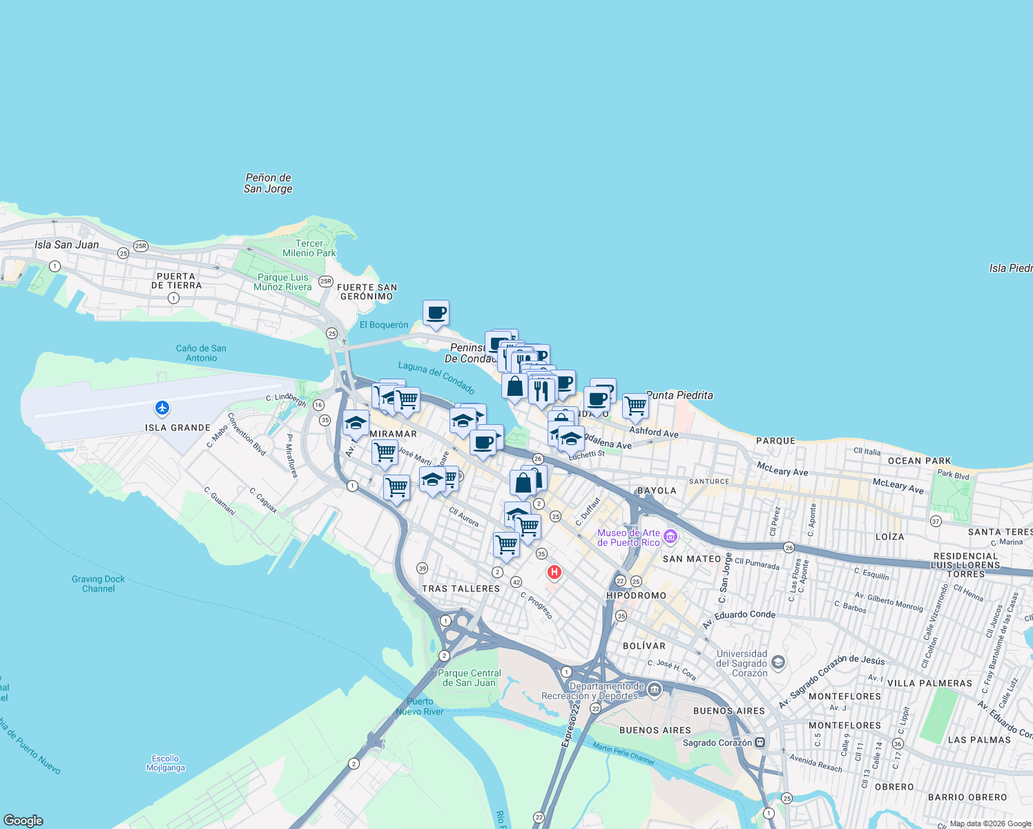 map of restaurants, bars, coffee shops, grocery stores, and more near 12 Calle Joffre in San Juan