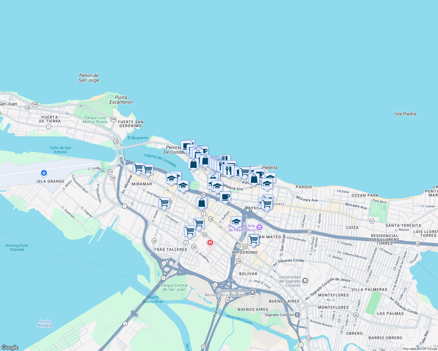 map of restaurants, bars, coffee shops, grocery stores, and more near 1124 Ashford Avenue in San Juan