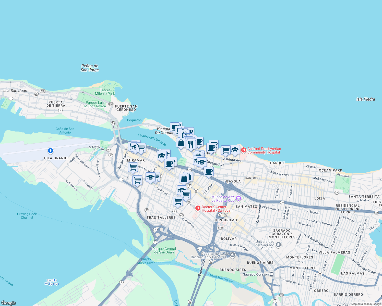 map of restaurants, bars, coffee shops, grocery stores, and more near 65 Calle Delcasse in San Juan