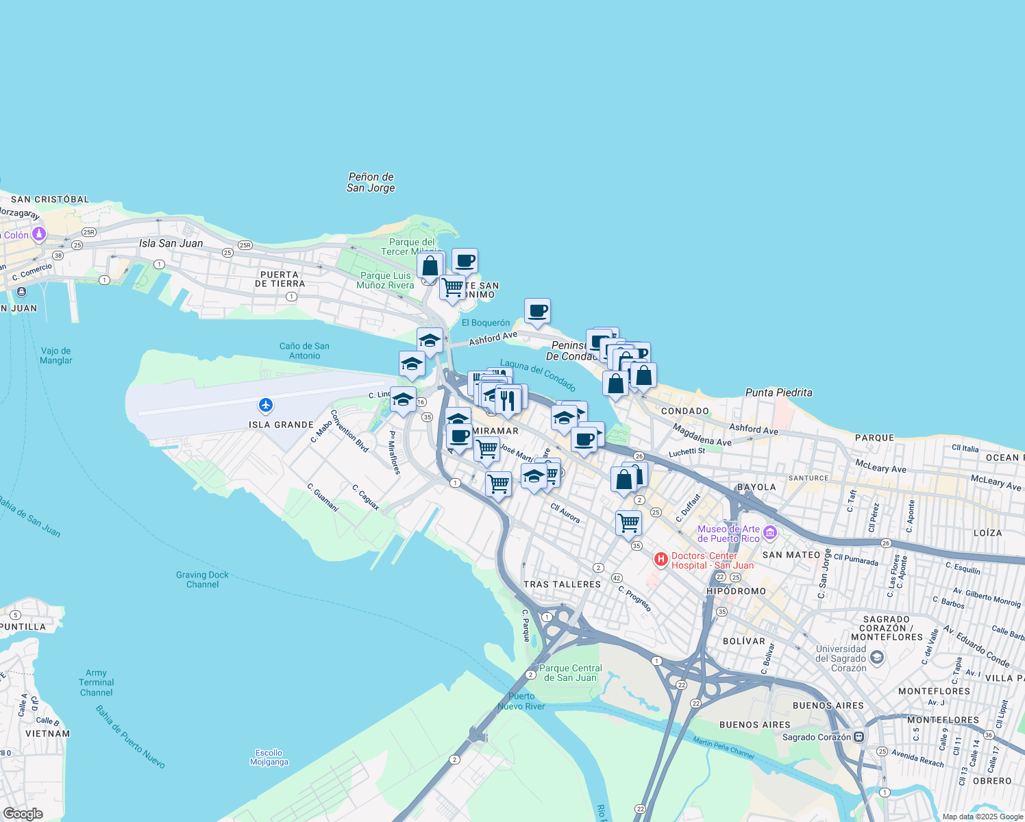 map of restaurants, bars, coffee shops, grocery stores, and more near 562 Calle Cuevillas in San Juan