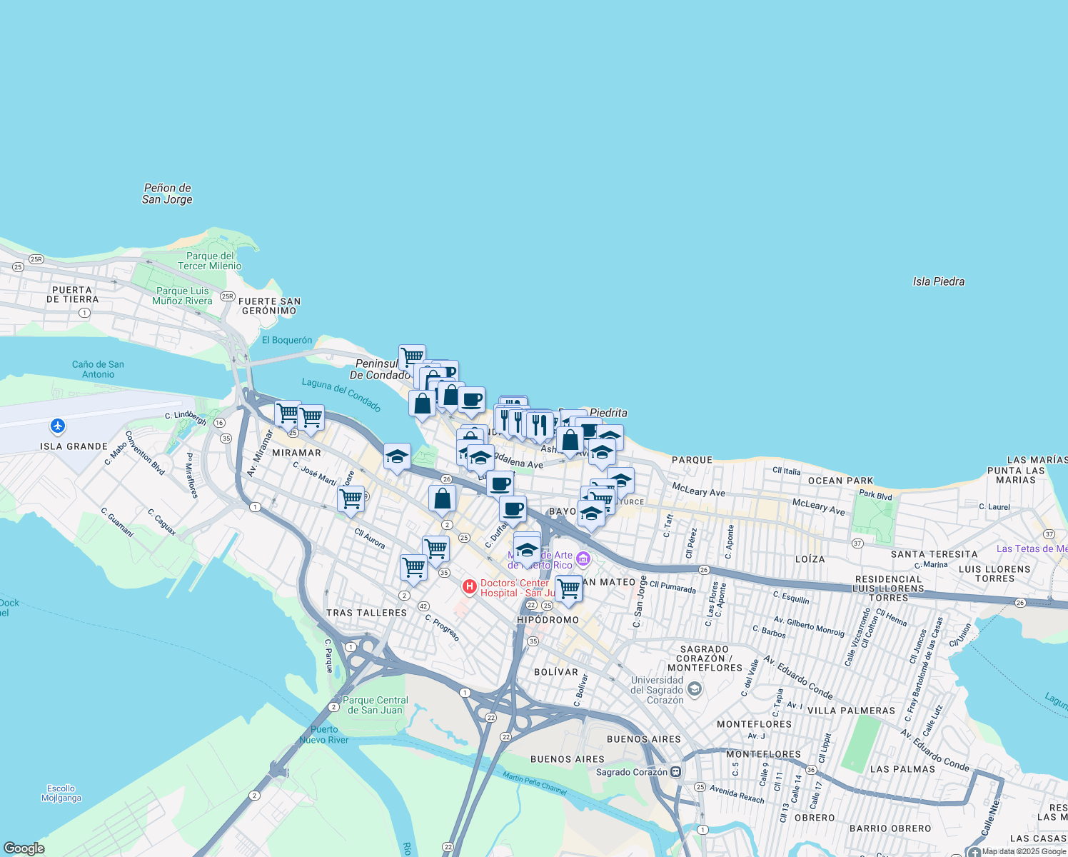 map of restaurants, bars, coffee shops, grocery stores, and more near 6 Calle Cervantes in San Juan