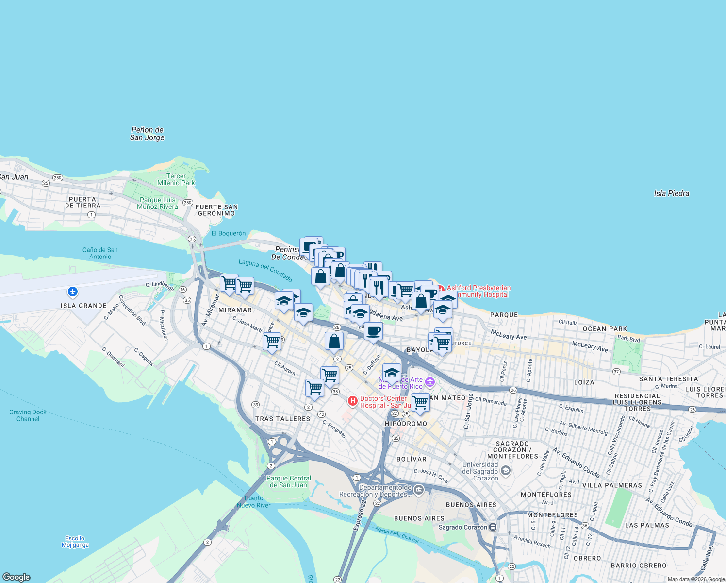 map of restaurants, bars, coffee shops, grocery stores, and more near in San Juan