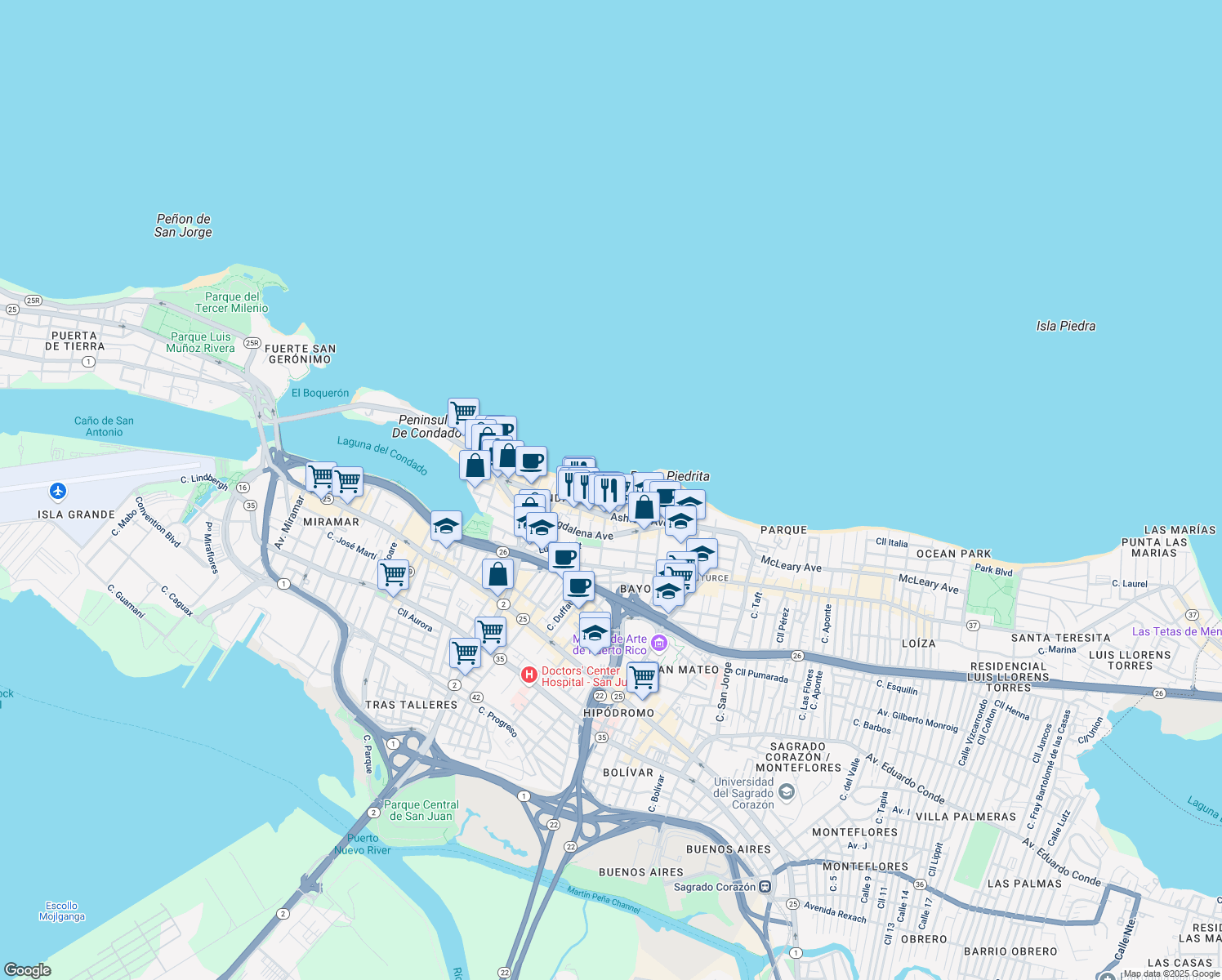 map of restaurants, bars, coffee shops, grocery stores, and more near 7 Calle Cervantes in San Juan