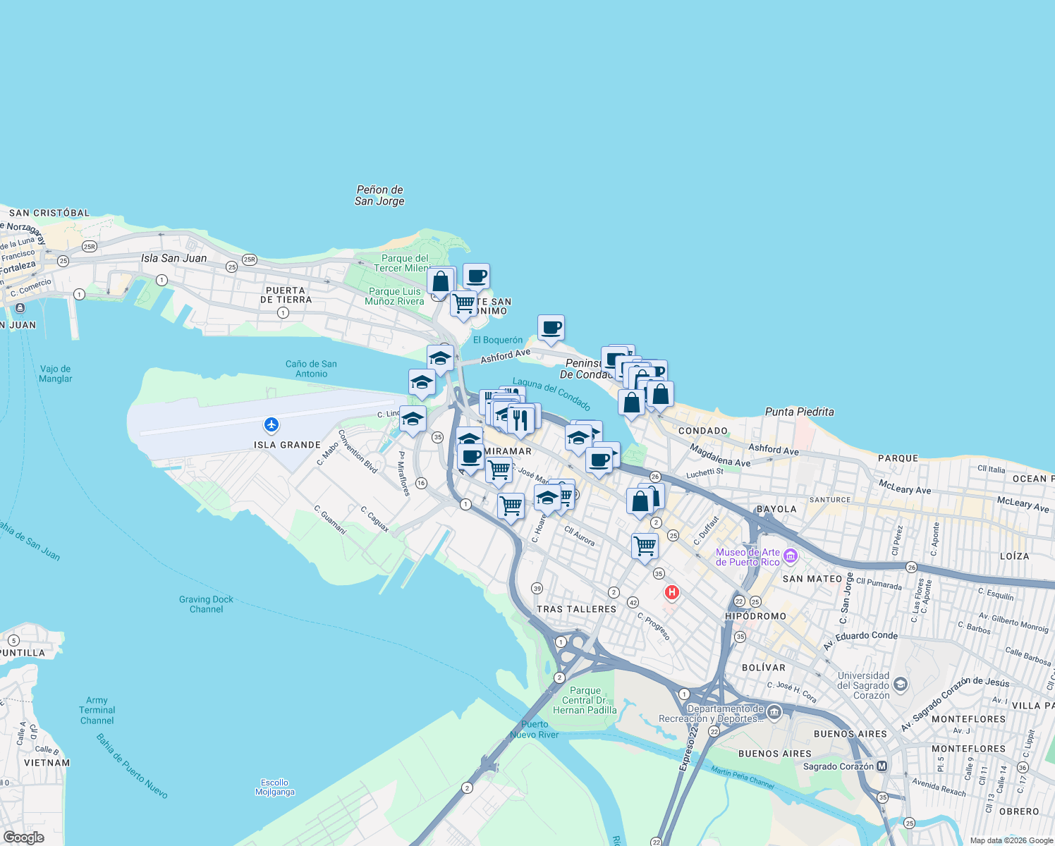 map of restaurants, bars, coffee shops, grocery stores, and more near 562 Calle Cuevillas in San Juan