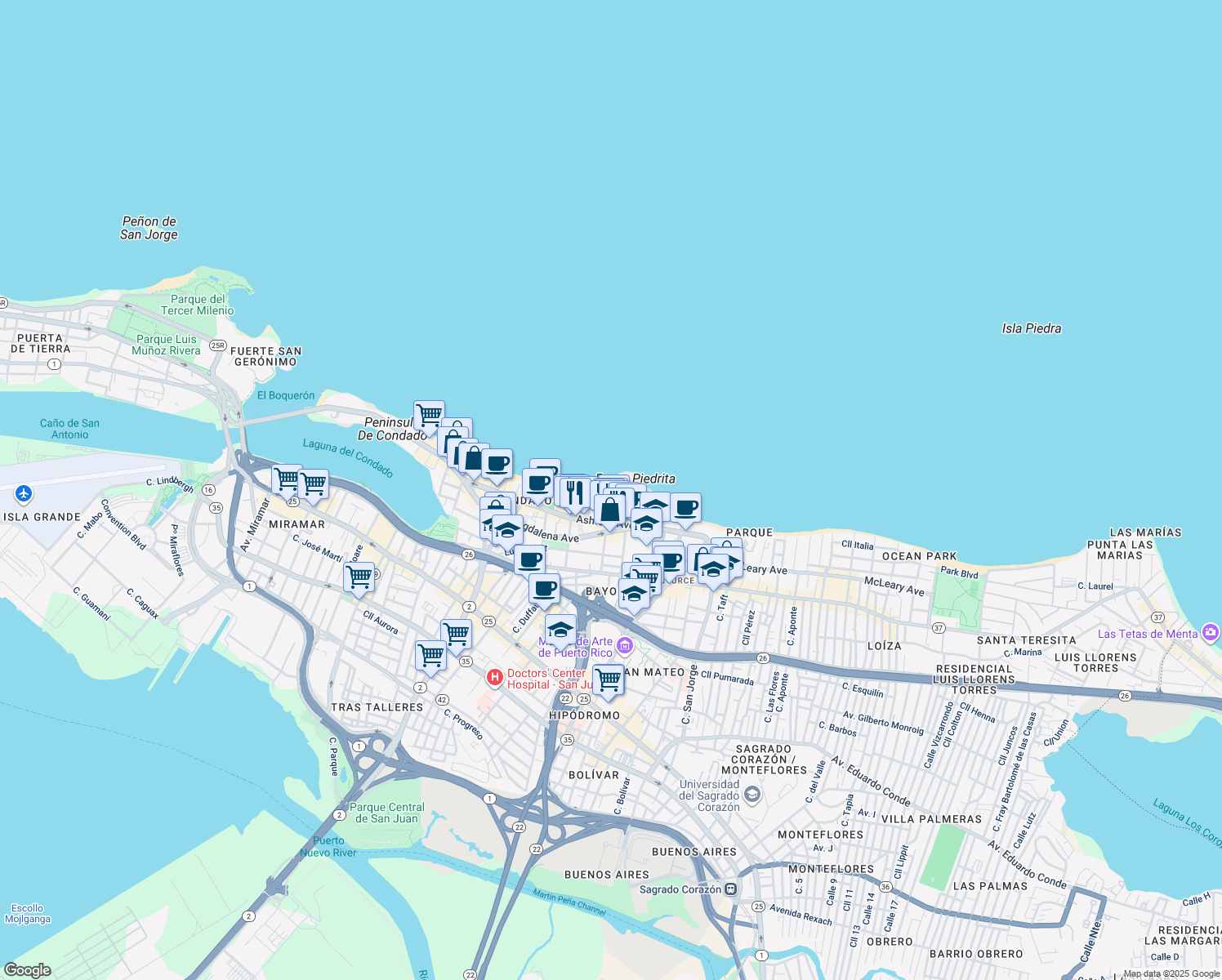 map of restaurants, bars, coffee shops, grocery stores, and more near in San Juan