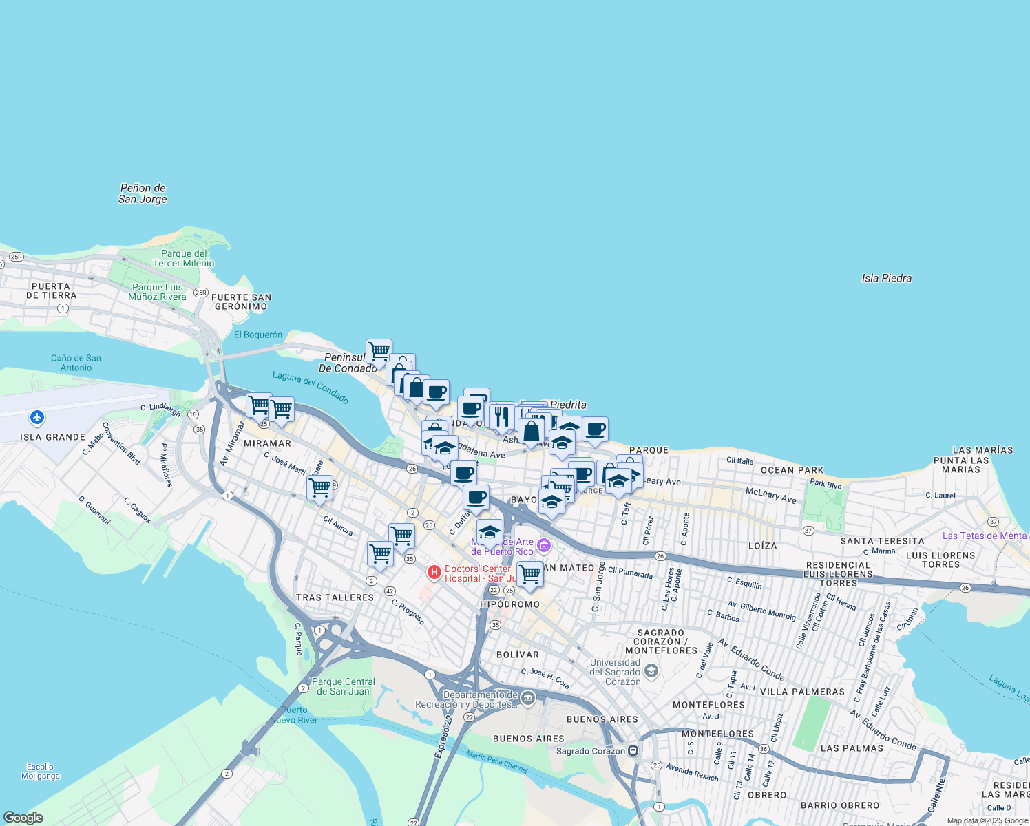 map of restaurants, bars, coffee shops, grocery stores, and more near in San Juan