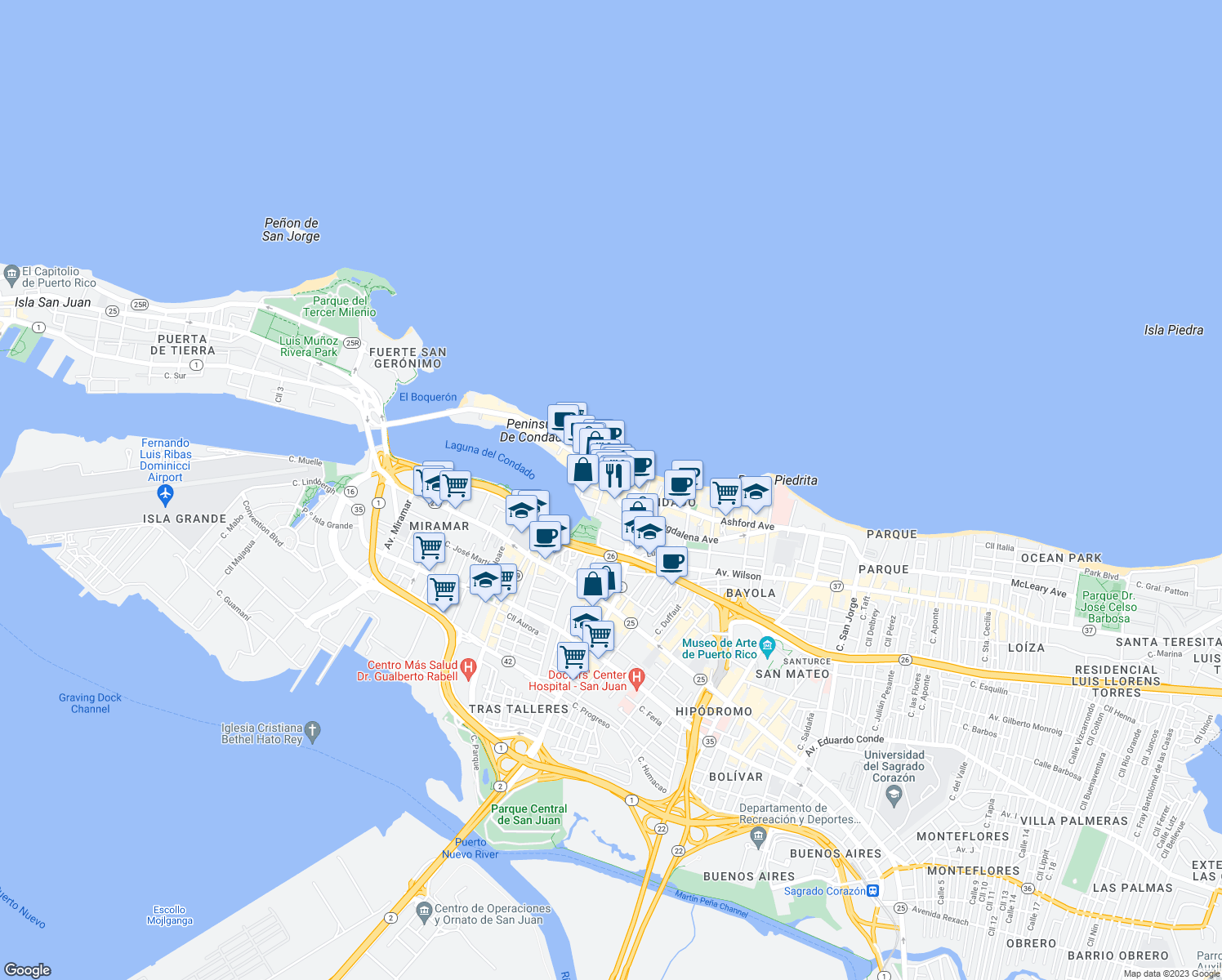 map of restaurants, bars, coffee shops, grocery stores, and more near 65 Calle Delcasse in San Juan