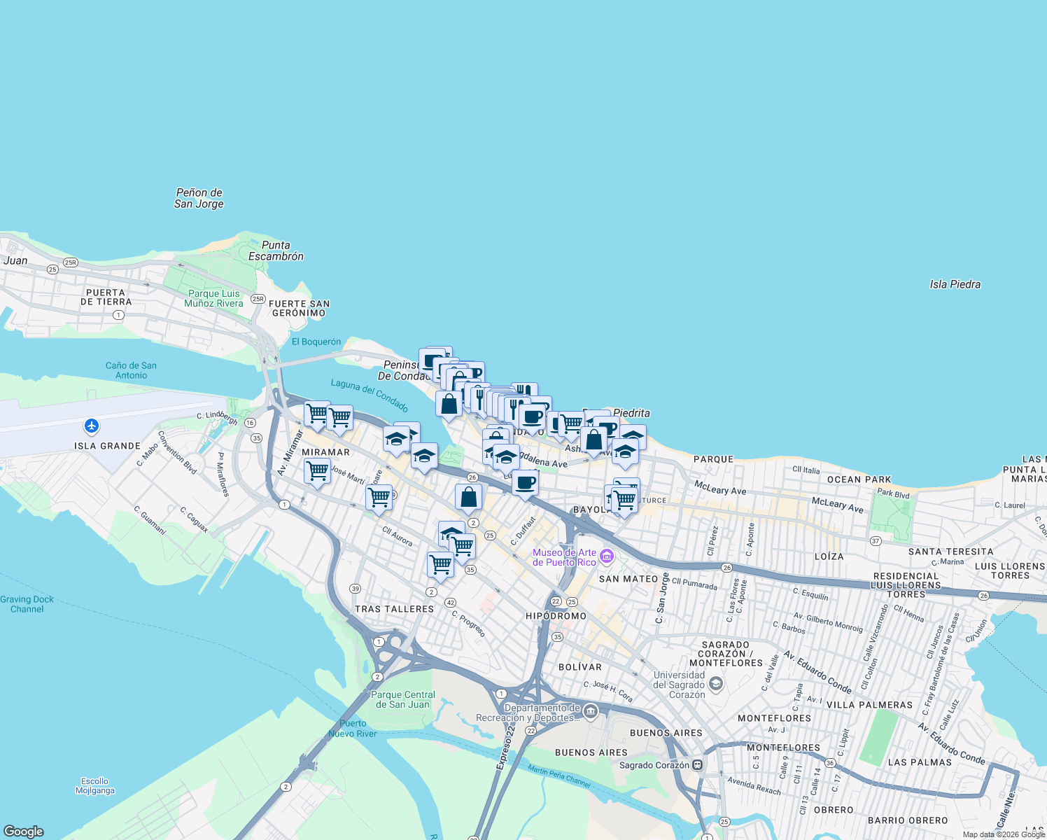 map of restaurants, bars, coffee shops, grocery stores, and more near 4 Condado Avenue in San Juan