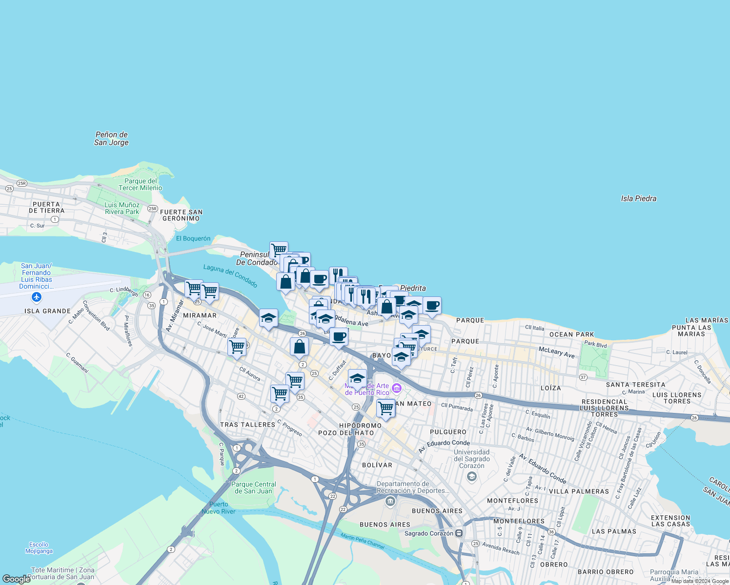 map of restaurants, bars, coffee shops, grocery stores, and more near 6 Calle Cervantes in San Juan