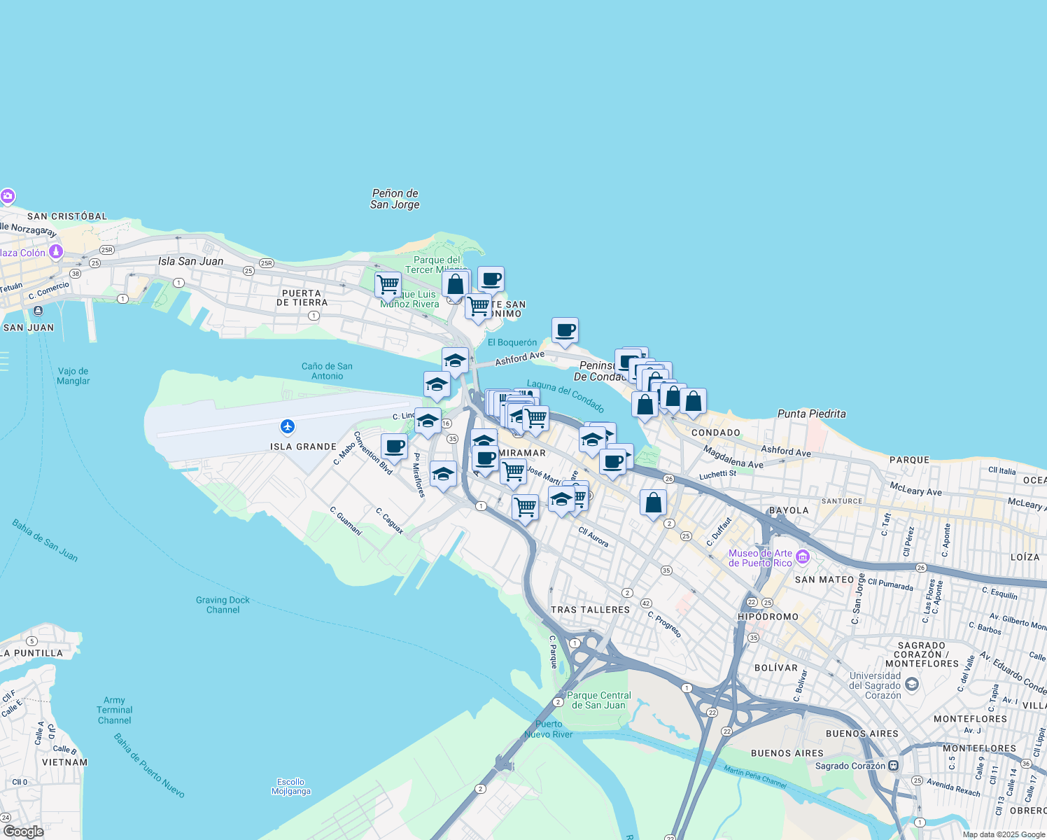 map of restaurants, bars, coffee shops, grocery stores, and more near 556 Avenida Miramar in San Juan