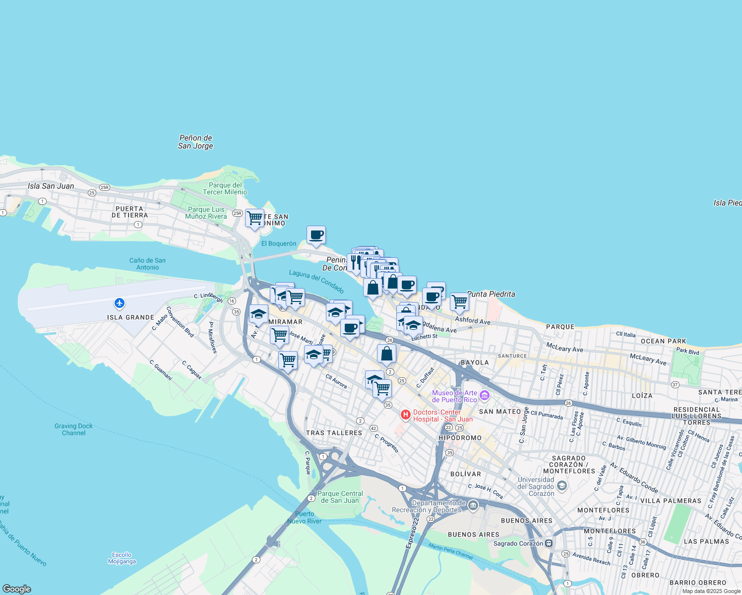 map of restaurants, bars, coffee shops, grocery stores, and more near 57 Calle Aguadilla in San Juan