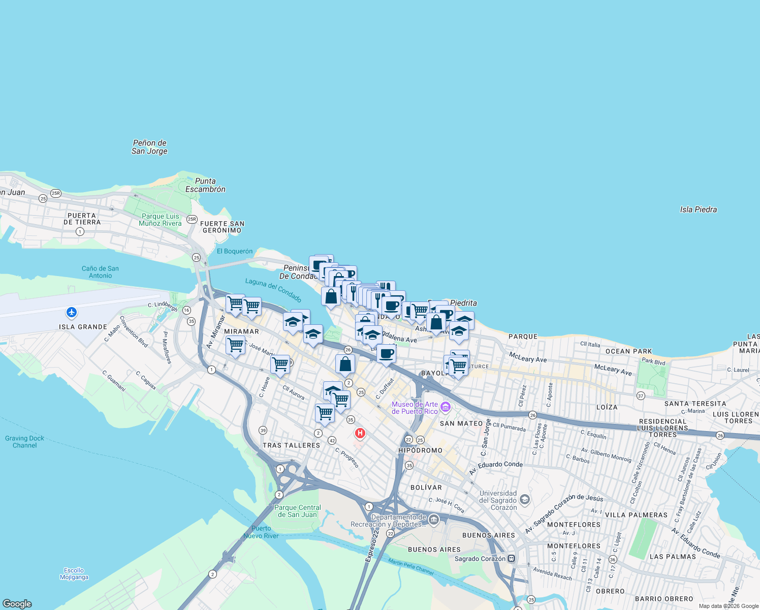 map of restaurants, bars, coffee shops, grocery stores, and more near in San Juan