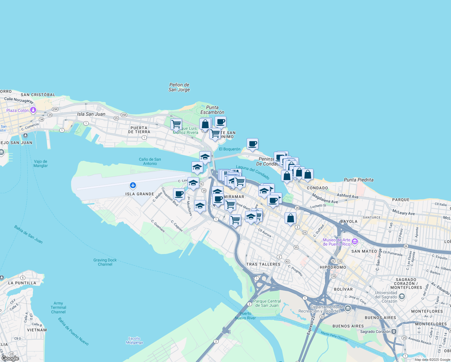 map of restaurants, bars, coffee shops, grocery stores, and more near 556 Avenida Miramar in San Juan