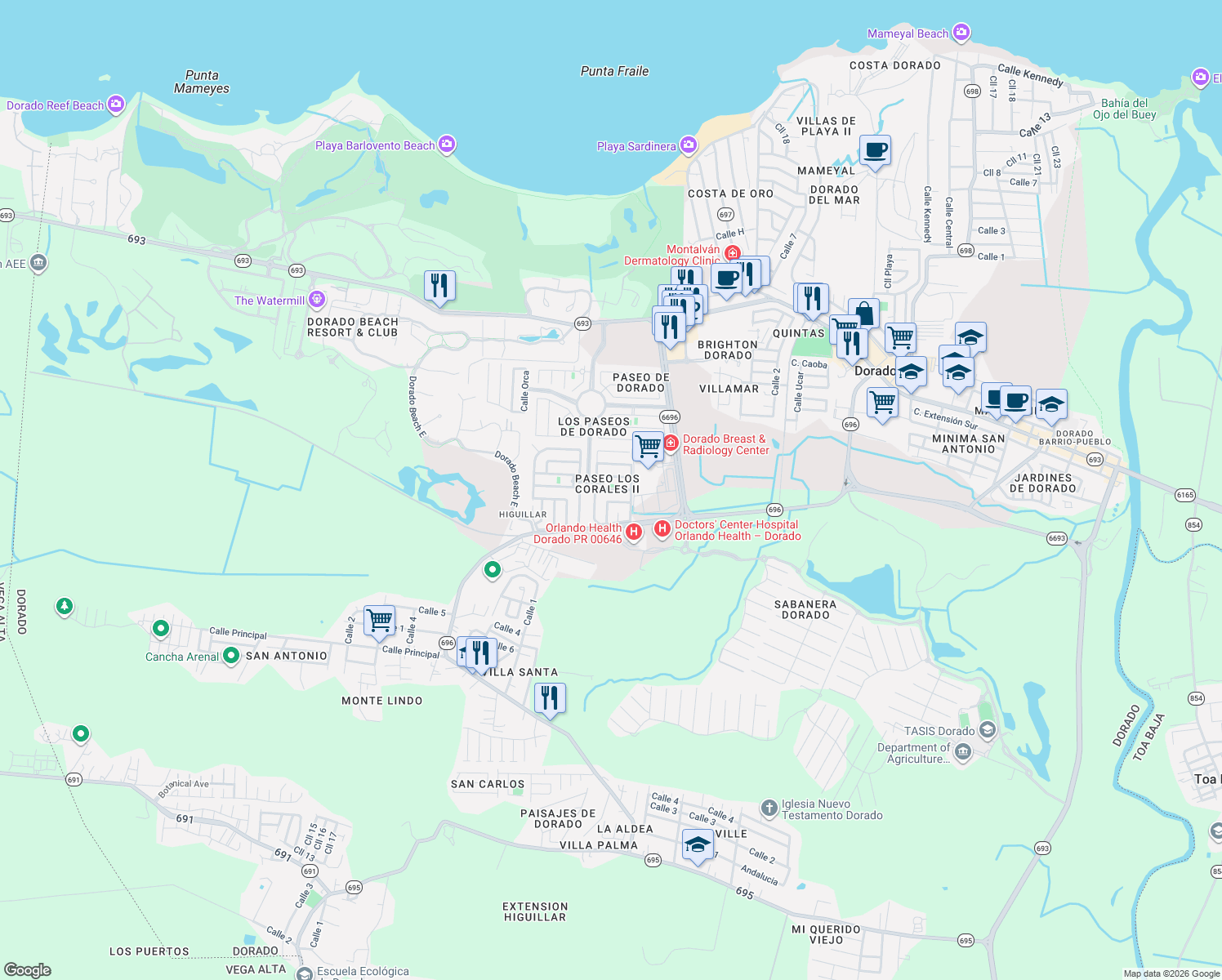 map of restaurants, bars, coffee shops, grocery stores, and more near Calle Mar de Bengal in Dorado