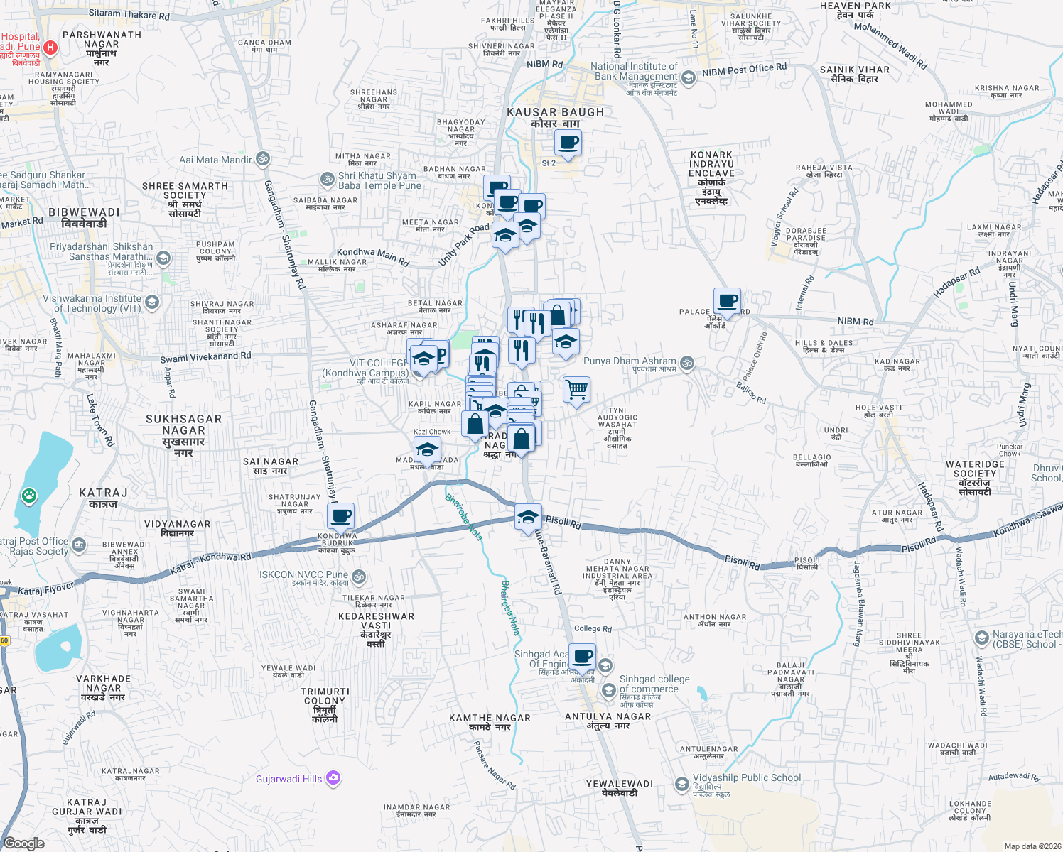 map of restaurants, bars, coffee shops, grocery stores, and more near Punyadham Ashram Road in Pune