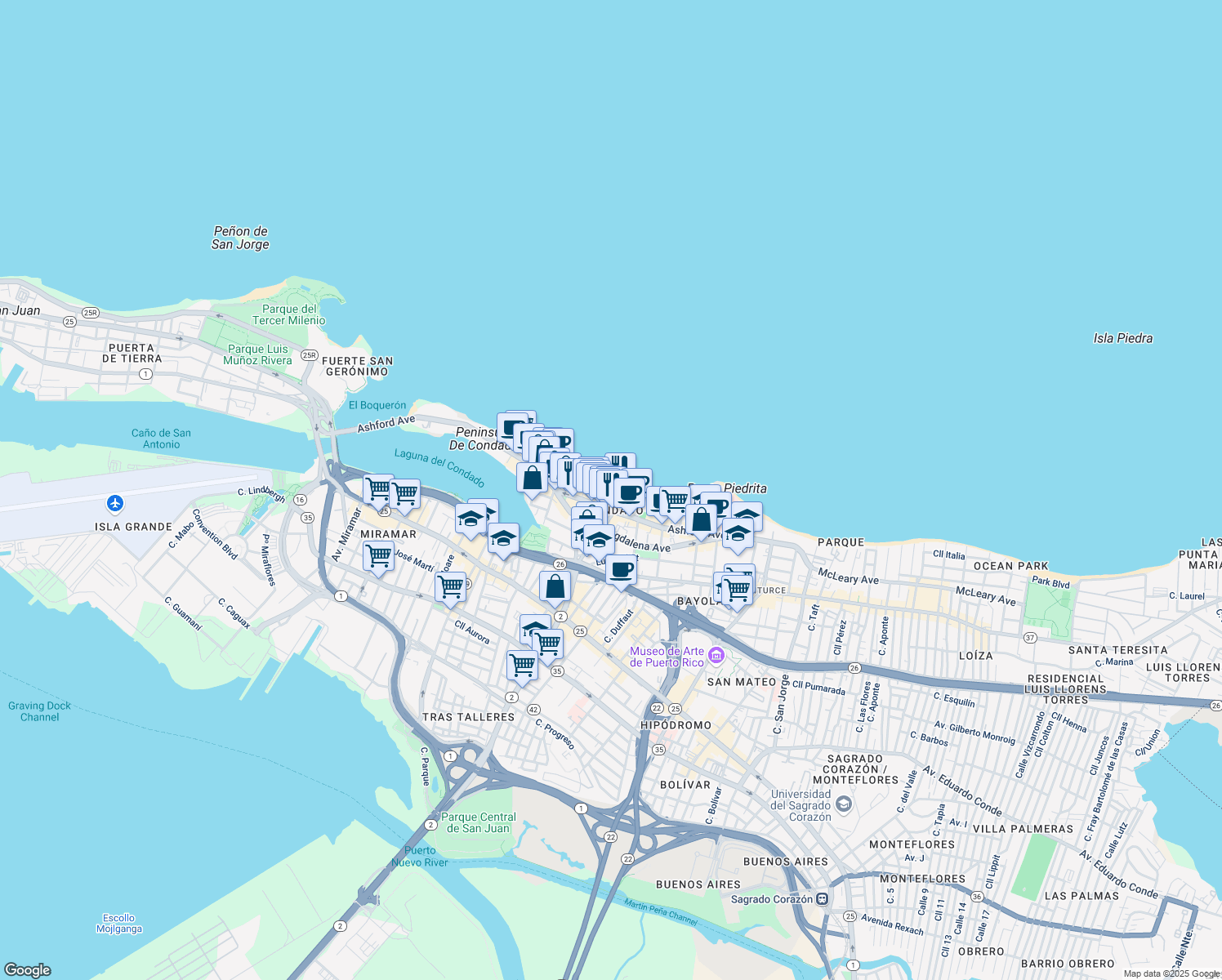 map of restaurants, bars, coffee shops, grocery stores, and more near in San Juan