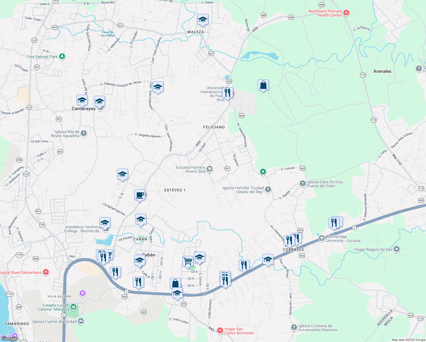 map of restaurants, bars, coffee shops, grocery stores, and more near in Aguadilla