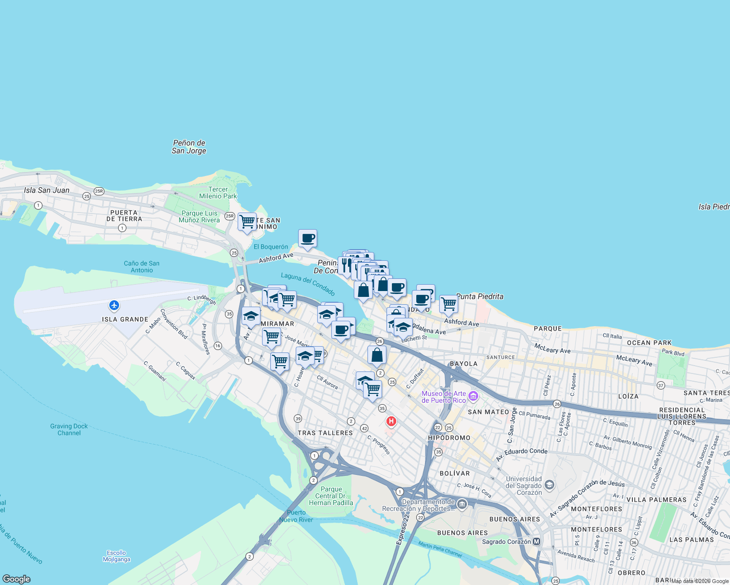 map of restaurants, bars, coffee shops, grocery stores, and more near 57 Calle Aguadilla in San Juan
