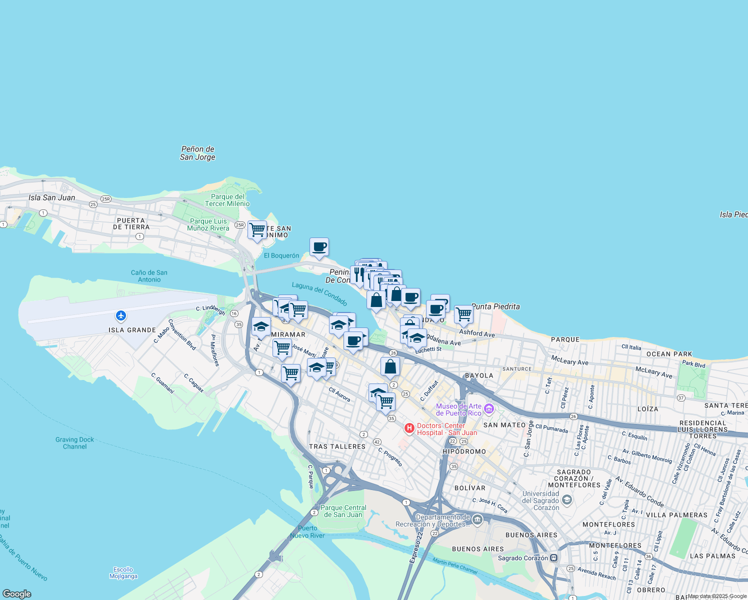 map of restaurants, bars, coffee shops, grocery stores, and more near 57 Calle Aguadilla in San Juan