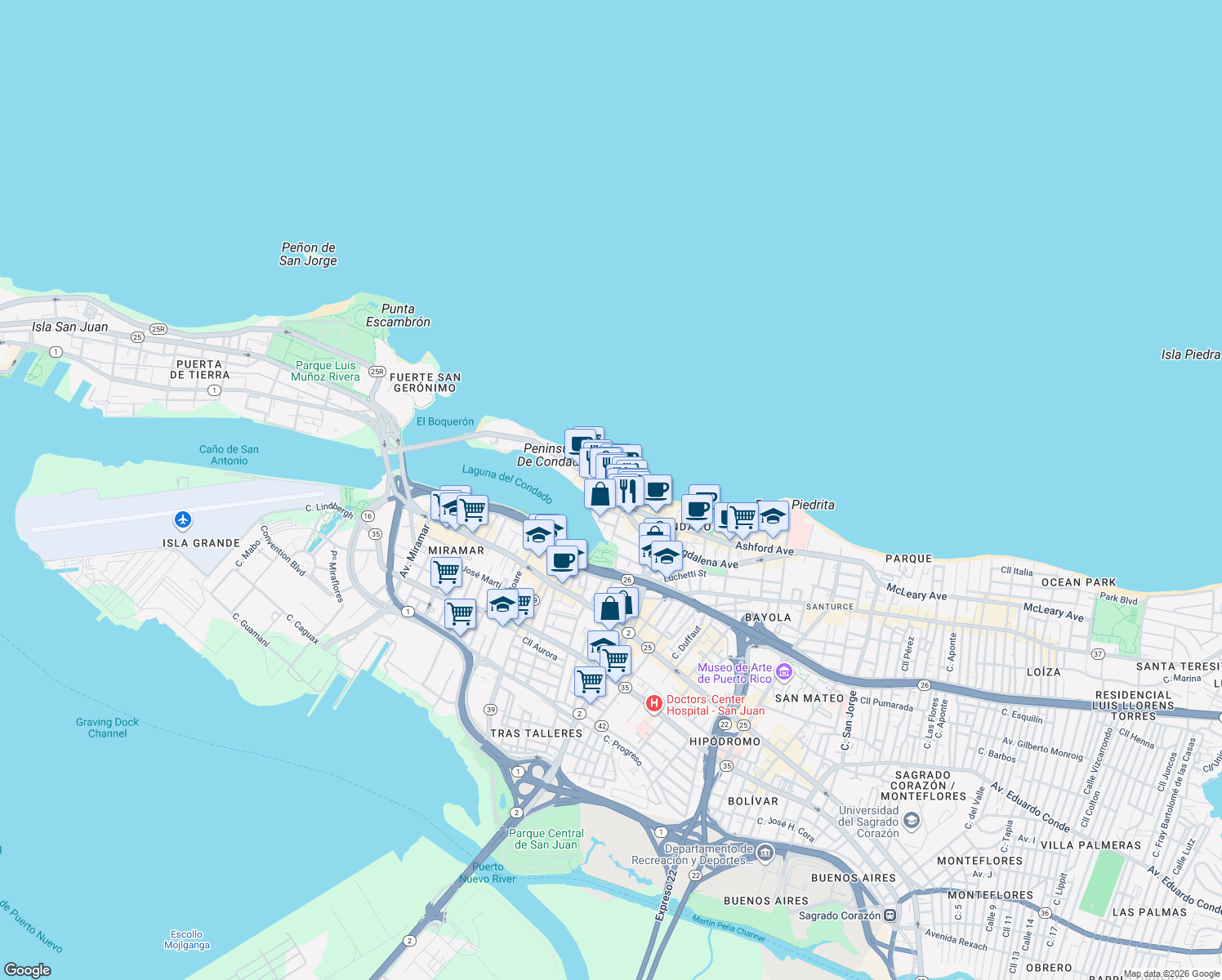 map of restaurants, bars, coffee shops, grocery stores, and more near in San Juan