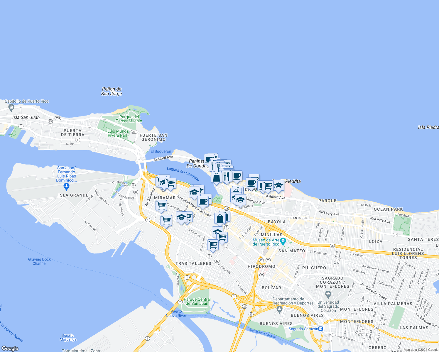 map of restaurants, bars, coffee shops, grocery stores, and more near in San Juan